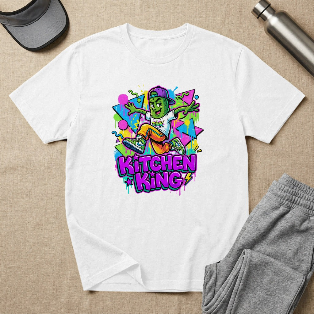 Cartoon character "Kitchen King" jumping in front of colorful, graffiti-style background.