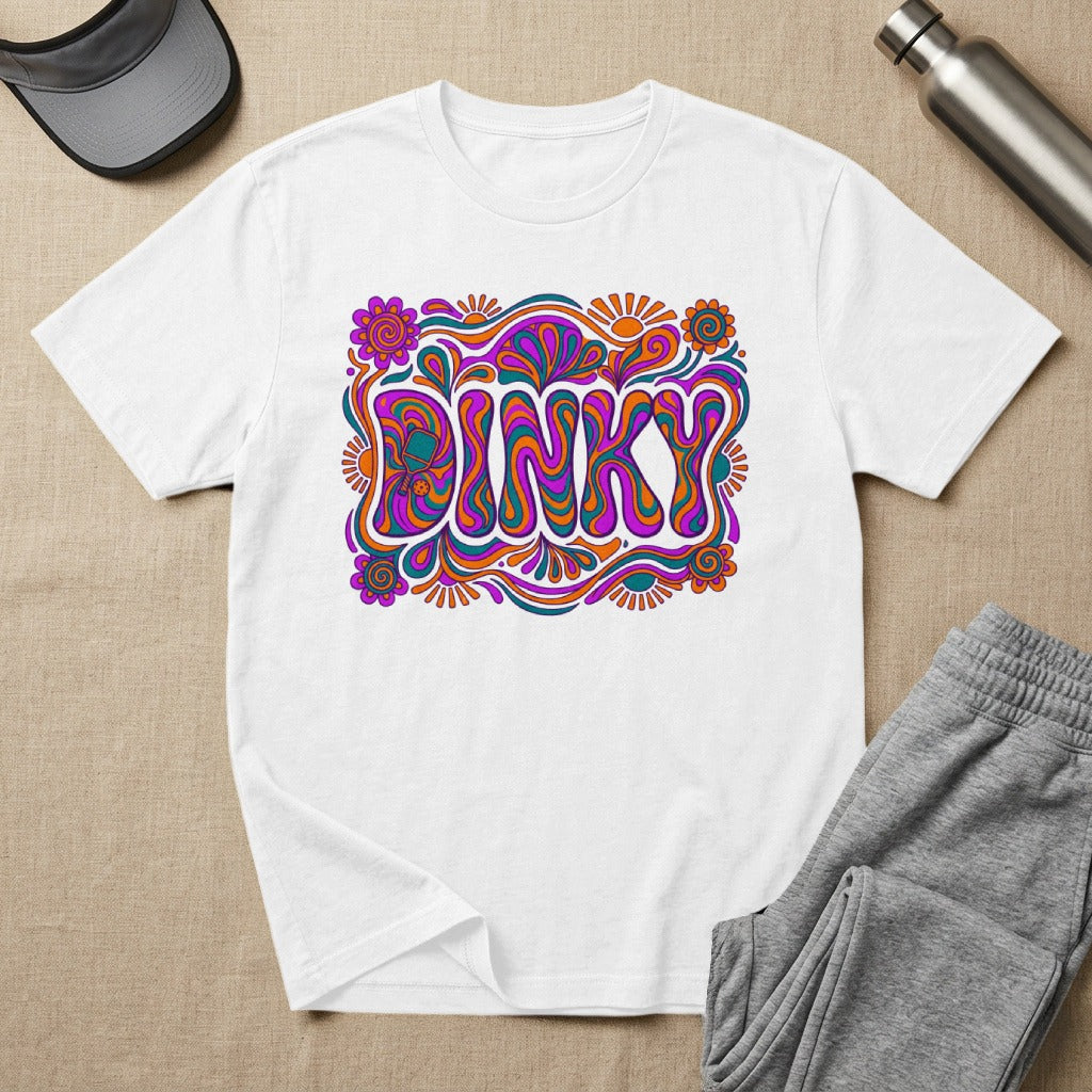White t-shirt with "DINKY" in a psychedelic, colorful, floral font.