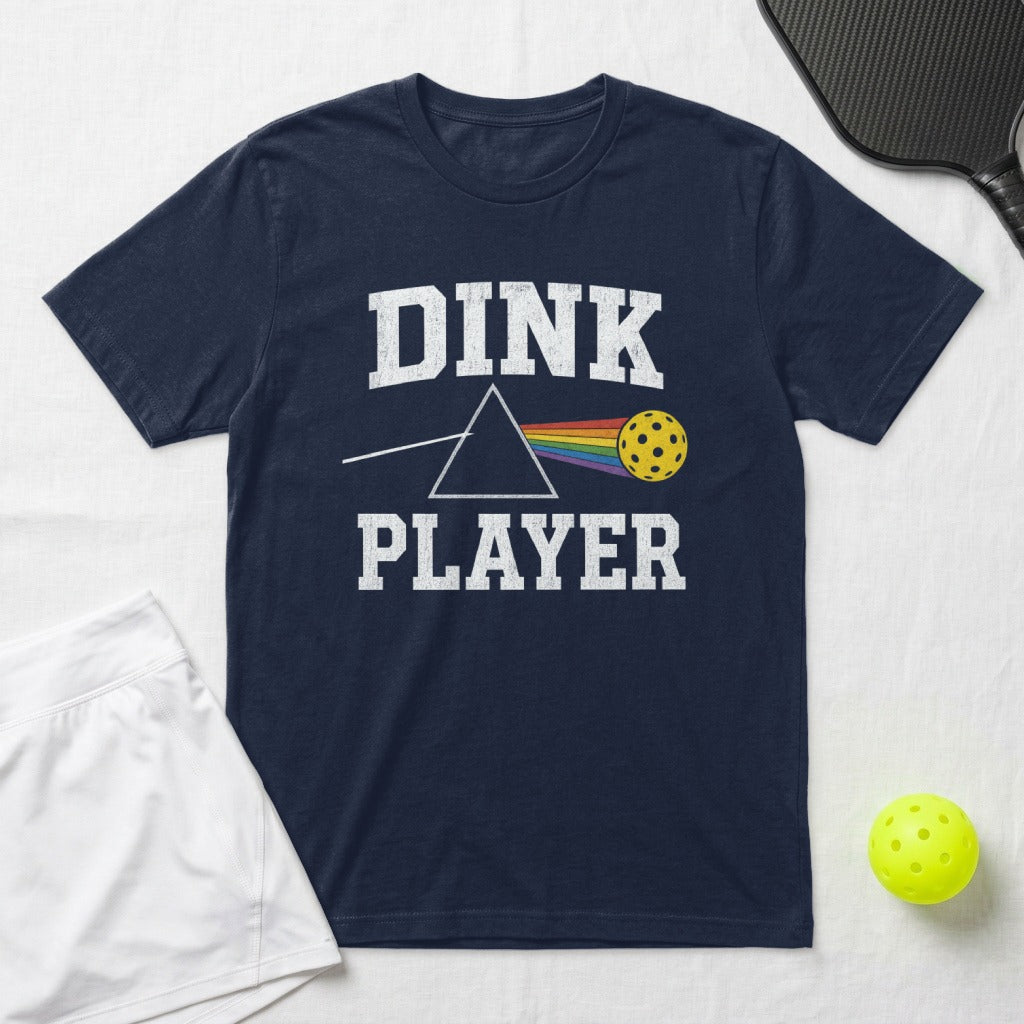 Navy t-shirt with "DINK PLAYER" and prism graphic with pickleball.