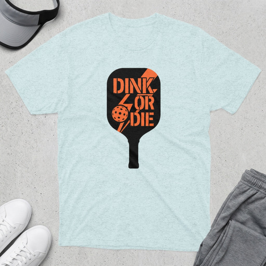 T-shirt with "Dink or Die" and pickleball paddle graphic.