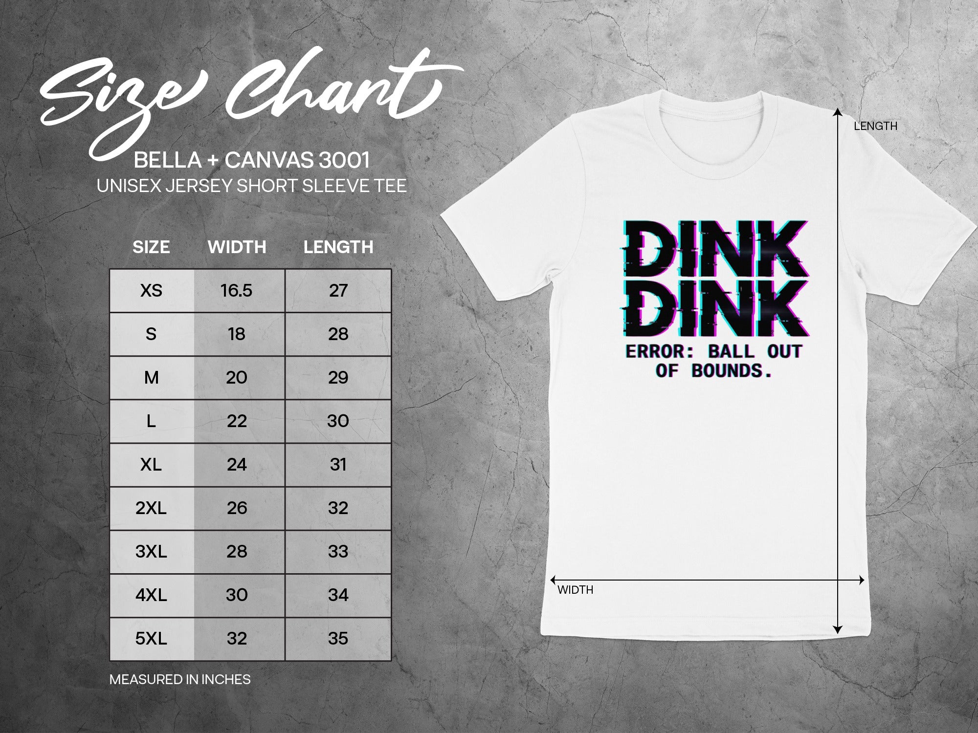 Size chart for Bella + Canvas 3001 unisex t-shirt with DINK DINK graphic.