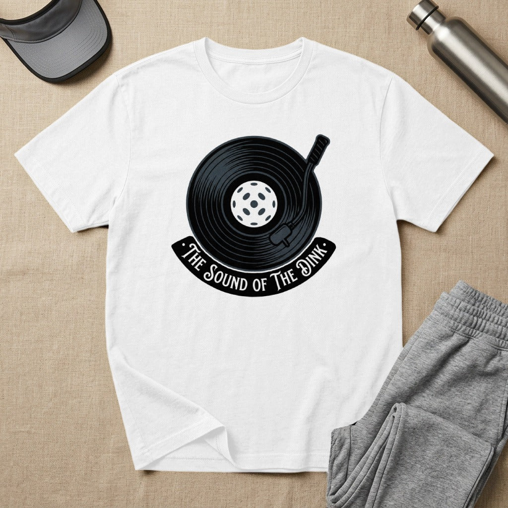White t-shirt with a graphic of a vinyl record and "The Sound of the Dink" text.