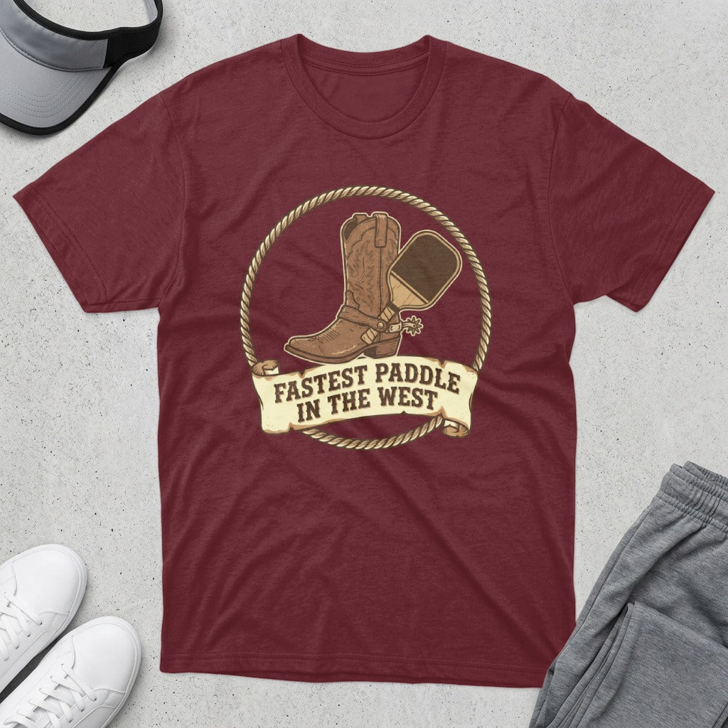 Maroon t-shirt with cowboy boot and paddle graphic, "Fastest Paddle in the West" text.
