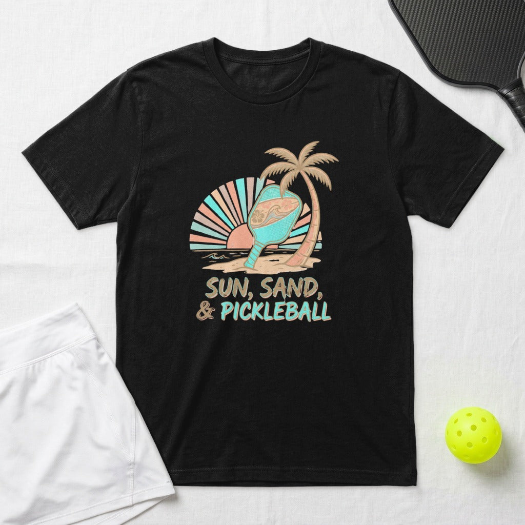 T-shirt with "Sun, Sand, & Pickleball" text and sunset beach graphic.