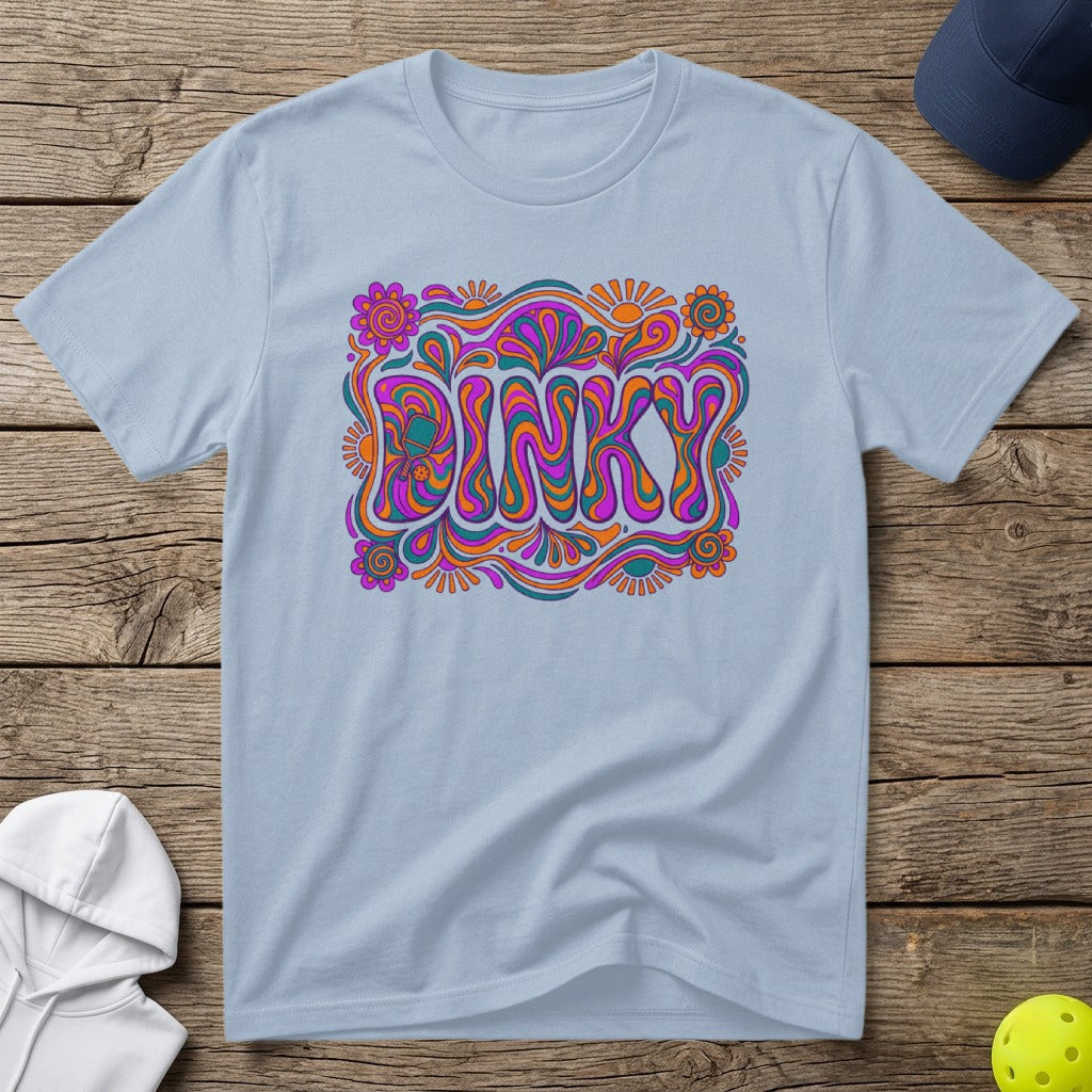 Light blue t-shirt with colorful "DINKY" text in a retro psychedelic font.