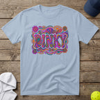 Light blue t-shirt with colorful "DINKY" text in a retro psychedelic font.