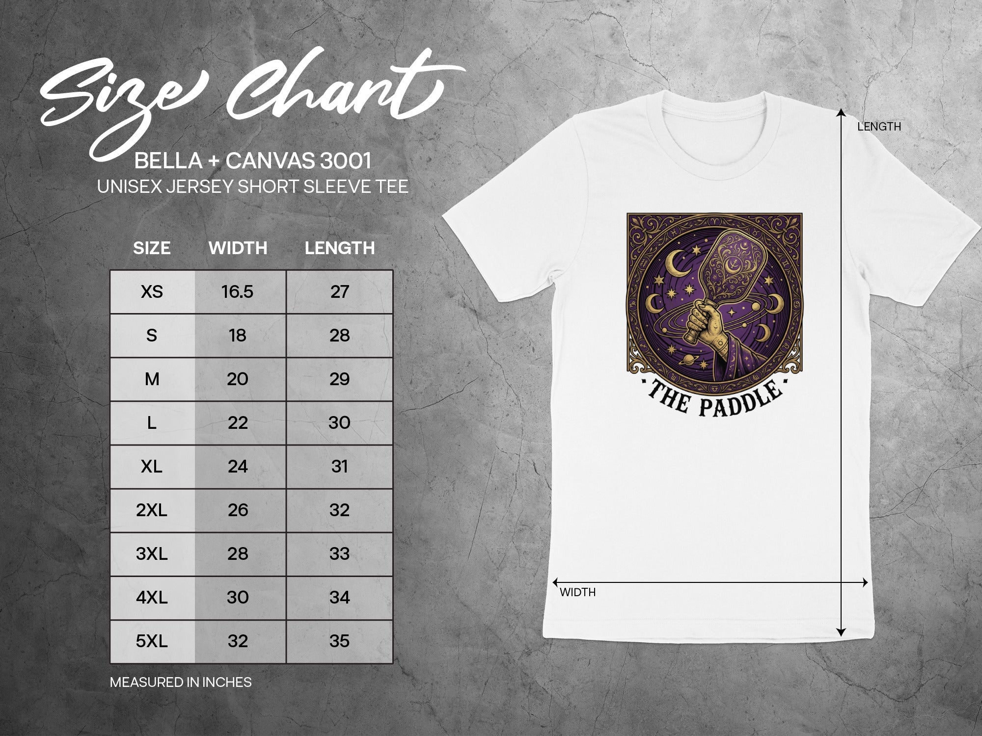 BELLA+CANVAS 3001 unisex t-shirt size chart with measurements in inches.
