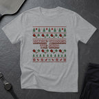 Grey t-shirt with a Christmas-themed ugly sweater pattern and "Dinkin' Through The Snow" text.
