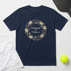 Navy t-shirt with wreath graphic: Pickleball & Prosecco.