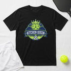 Black t-shirt with "Kitchen Queen" pickleball graphic, paddles, and crown.
