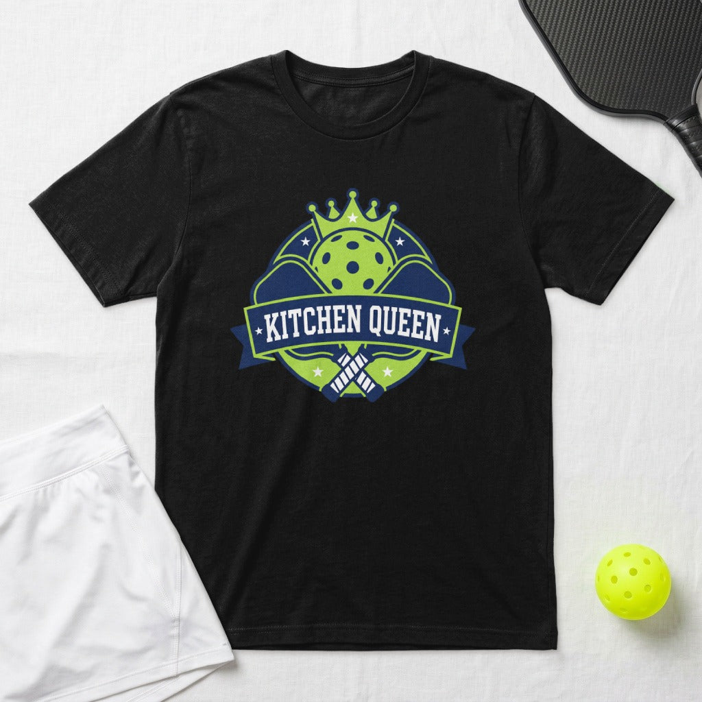 Black t-shirt with "Kitchen Queen" pickleball graphic, paddles, and crown.