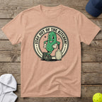 Pickleball player pickle character saying "Stay Out Of The Kitchen!" on t-shirt.