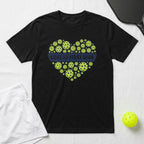 Black t-shirt with a heart of pickleballs and "Love at First Dink" text.