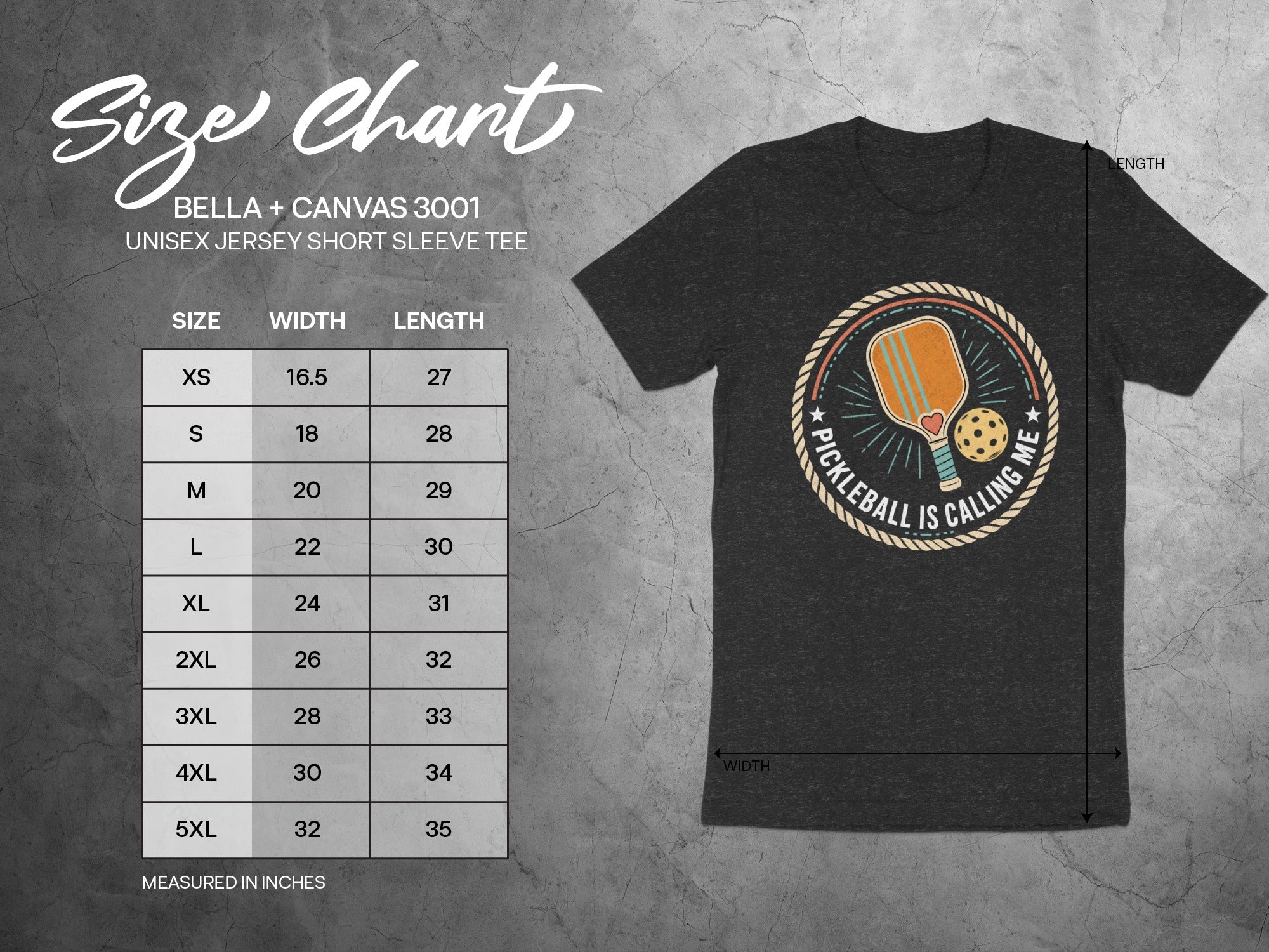 Bella + Canvas 3001 unisex tee size chart in inches with width and length.