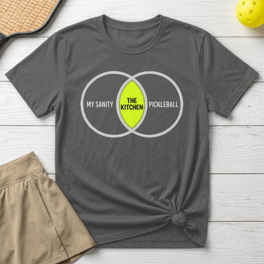 Charcoal t-shirt with Venn diagram showing "My Sanity" and "Pickleball."