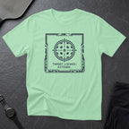 Mint t-shirt with a dark gray target reticle graphic and "TARGET_LOCKED: KITCHEN." text.