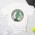 Cartoon pickle wearing sunglasses and holding a pickleball paddle.