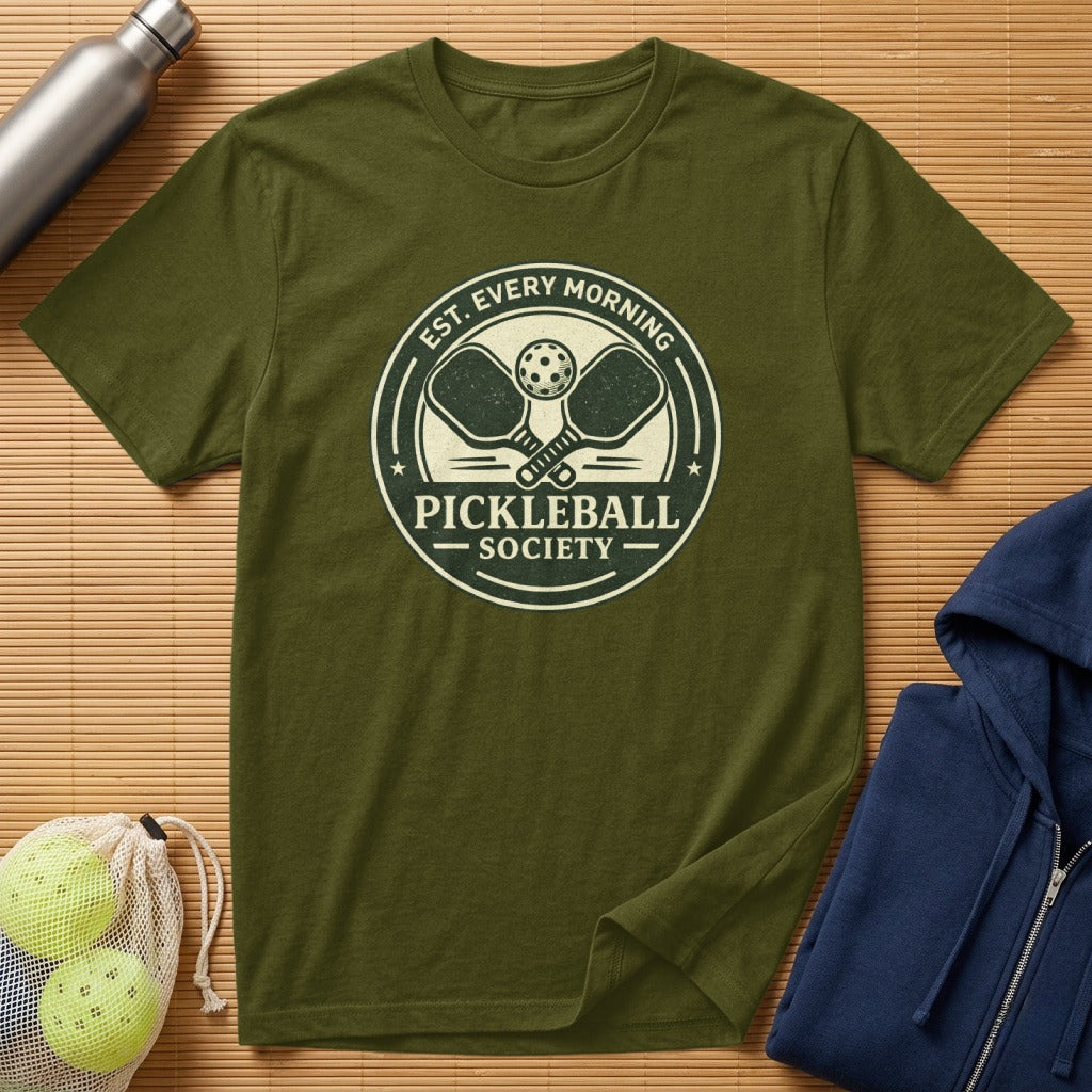 Olive t-shirt with "Pickleball Society" logo, featuring crossed paddles and a ball.