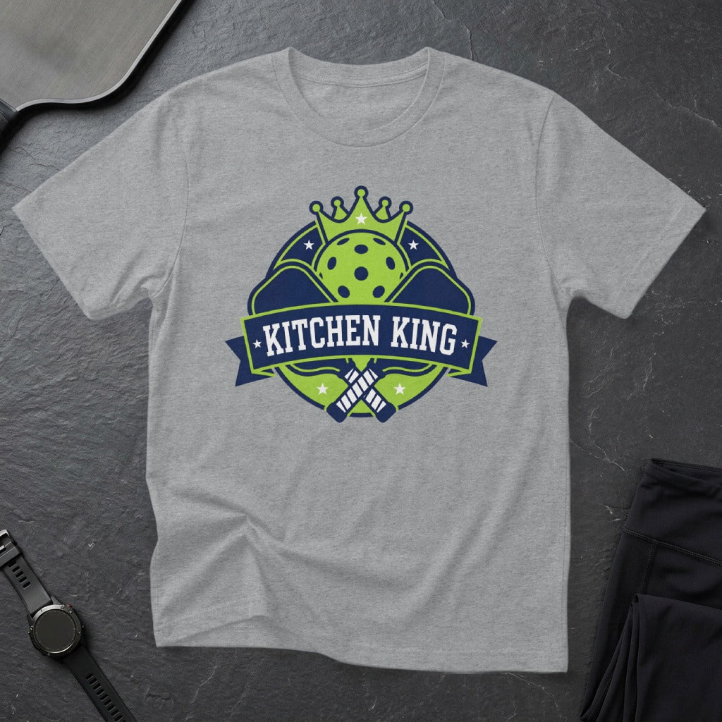 Grey t-shirt with "Kitchen King" logo featuring a crown and pickleball paddles.