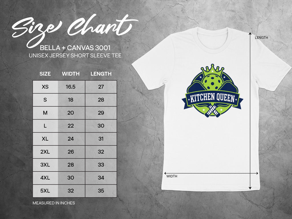 Size chart for Bella + Canvas 3001 unisex t-shirt with "Kitchen Queen" logo.
