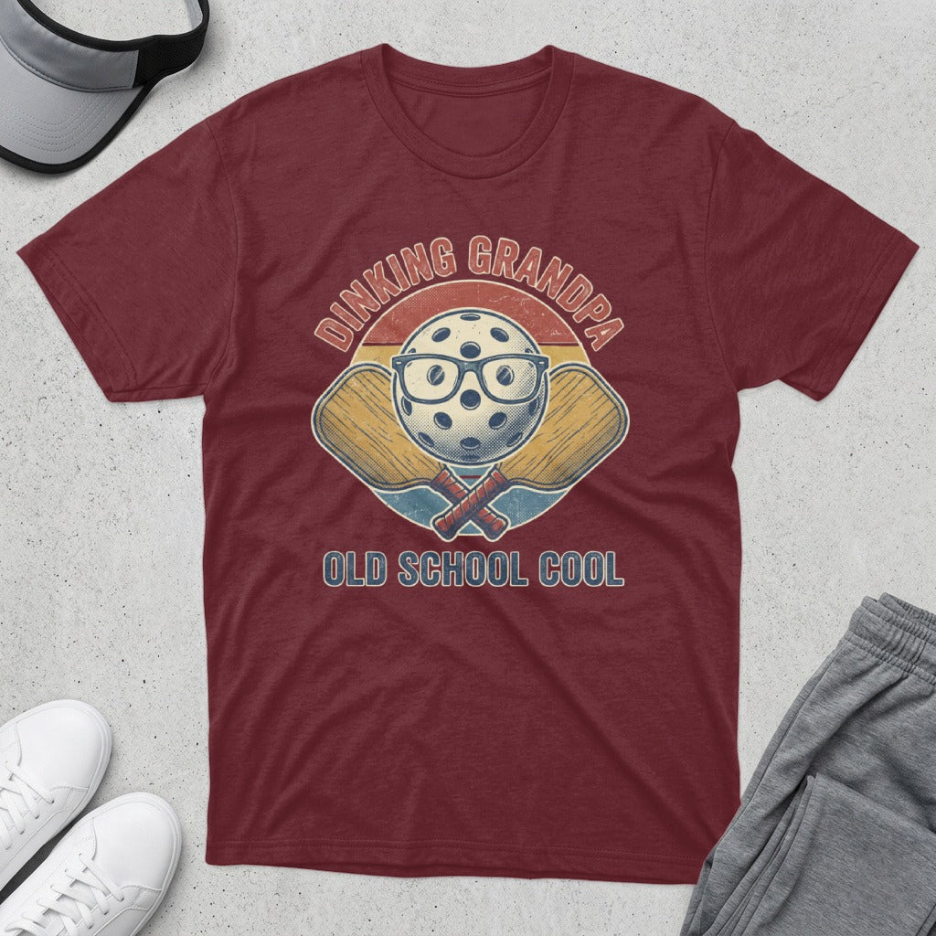 Maroon t-shirt with "Dinking Grandpa Old School Cool" pickleball graphic.