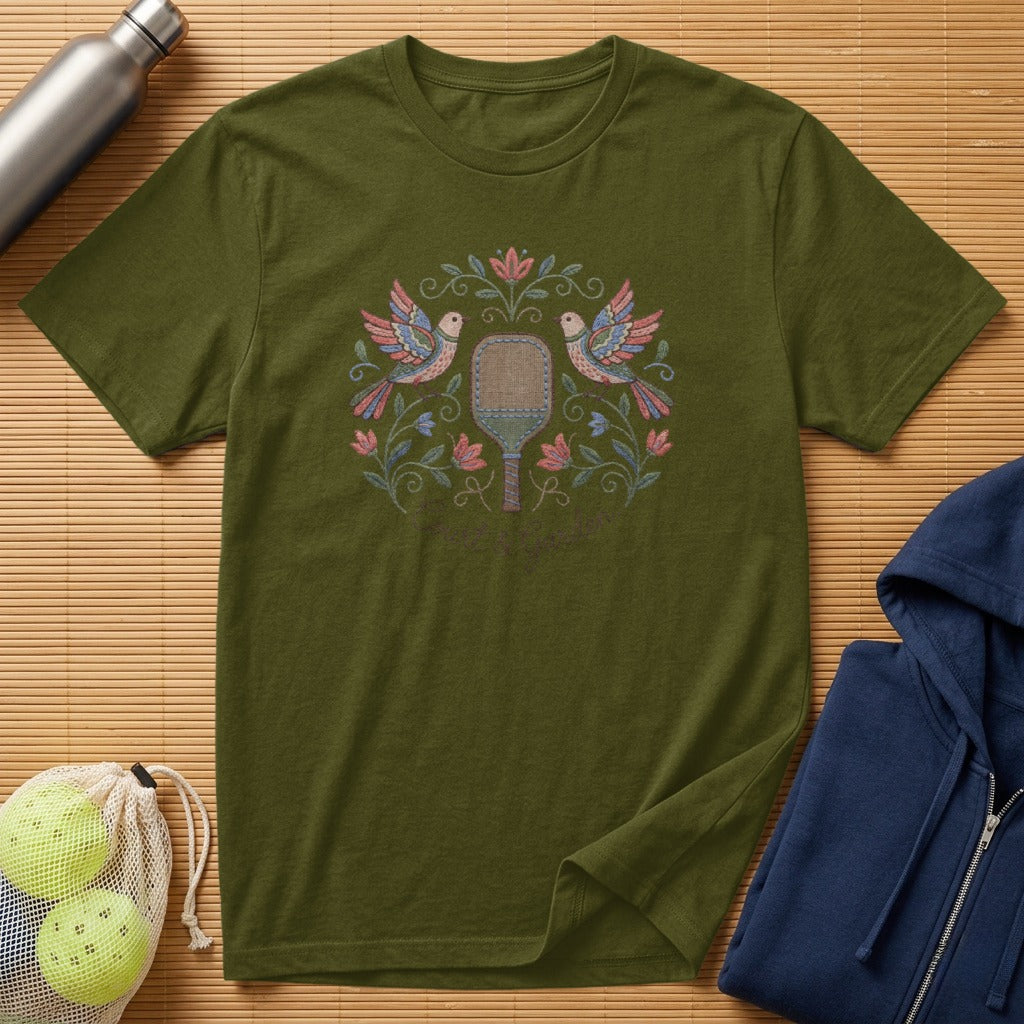Olive green t-shirt with embroidered pickleball paddle and birds.