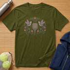 Olive green t-shirt with embroidered pickleball paddle and birds.