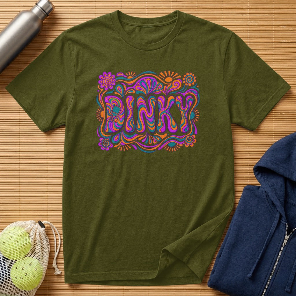Olive green t-shirt with colorful "Dinky" text and floral design.
