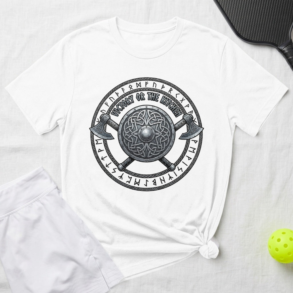 White t-shirt with Viking shield, crossed axes, and runes.