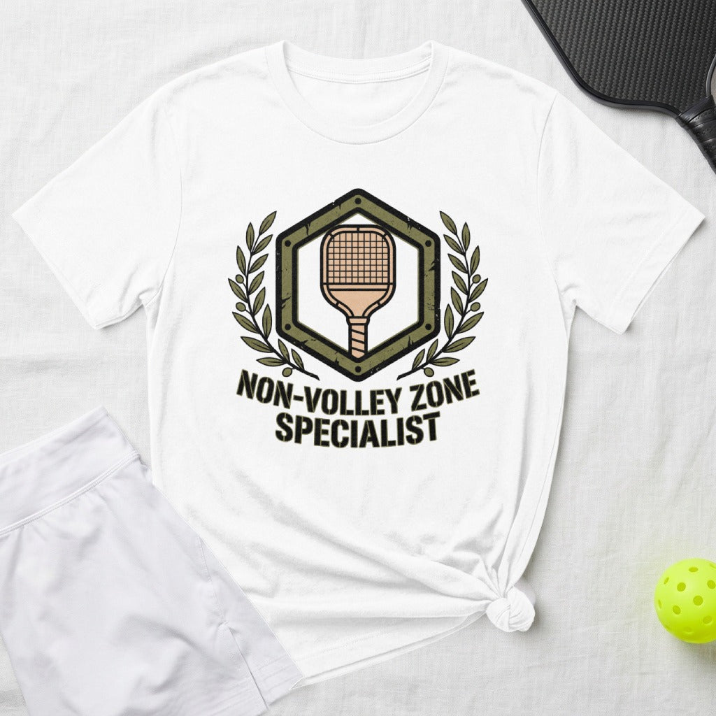 White t-shirt with "Non-Volley Zone Specialist" text and pickleball graphic.