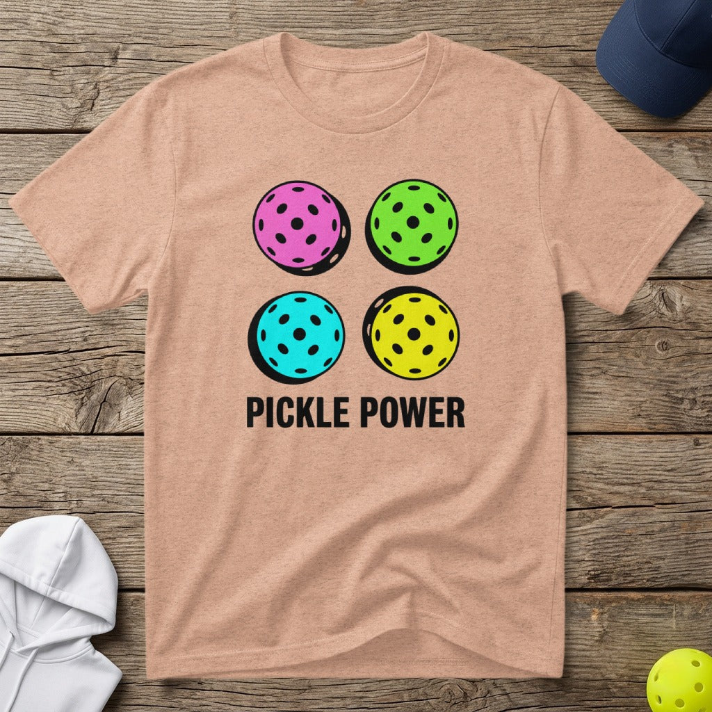 Peach t-shirt with four colorful pickleballs and the text "PICKLE POWER".