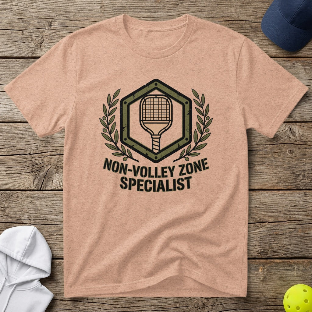 Peach t-shirt with "Non-Volley Zone Specialist" and a pickleball racket graphic.