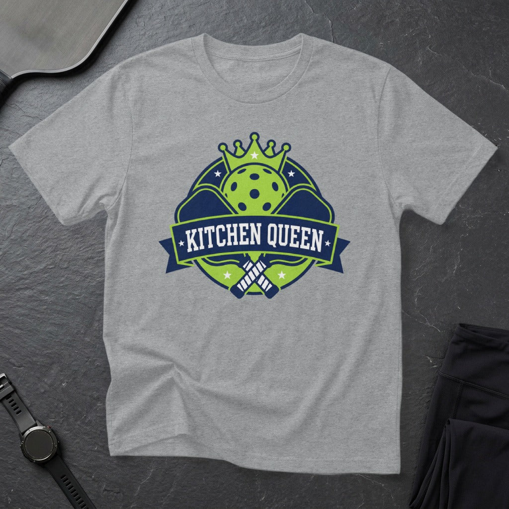 Grey t-shirt with "Kitchen Queen" logo featuring pickleball paddles and a crown.