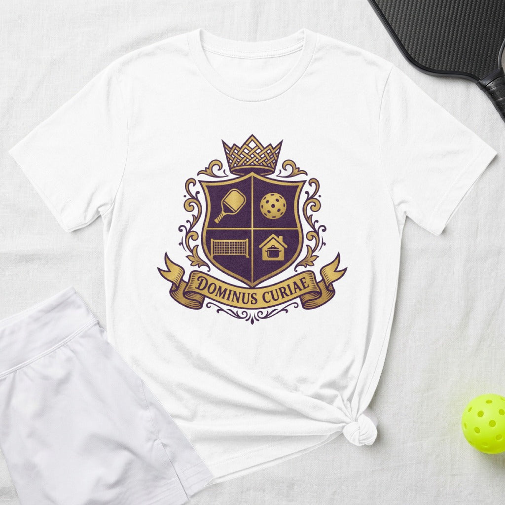 White t-shirt with pickleball crest, text "Dominus Curiae", and a pickleball paddle and ball.