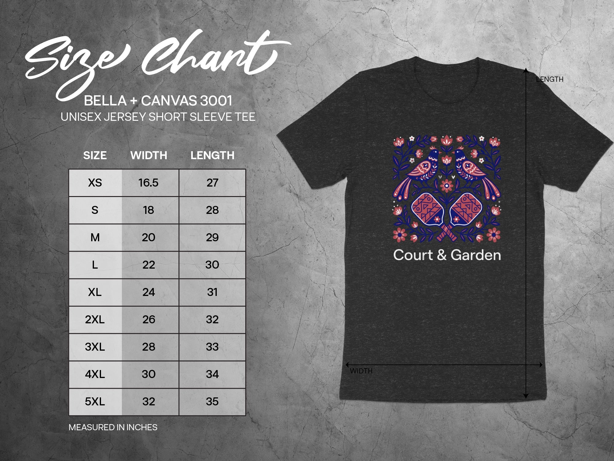 Bella+Canvas 3001 size chart for unisex short sleeve tee with measurements.