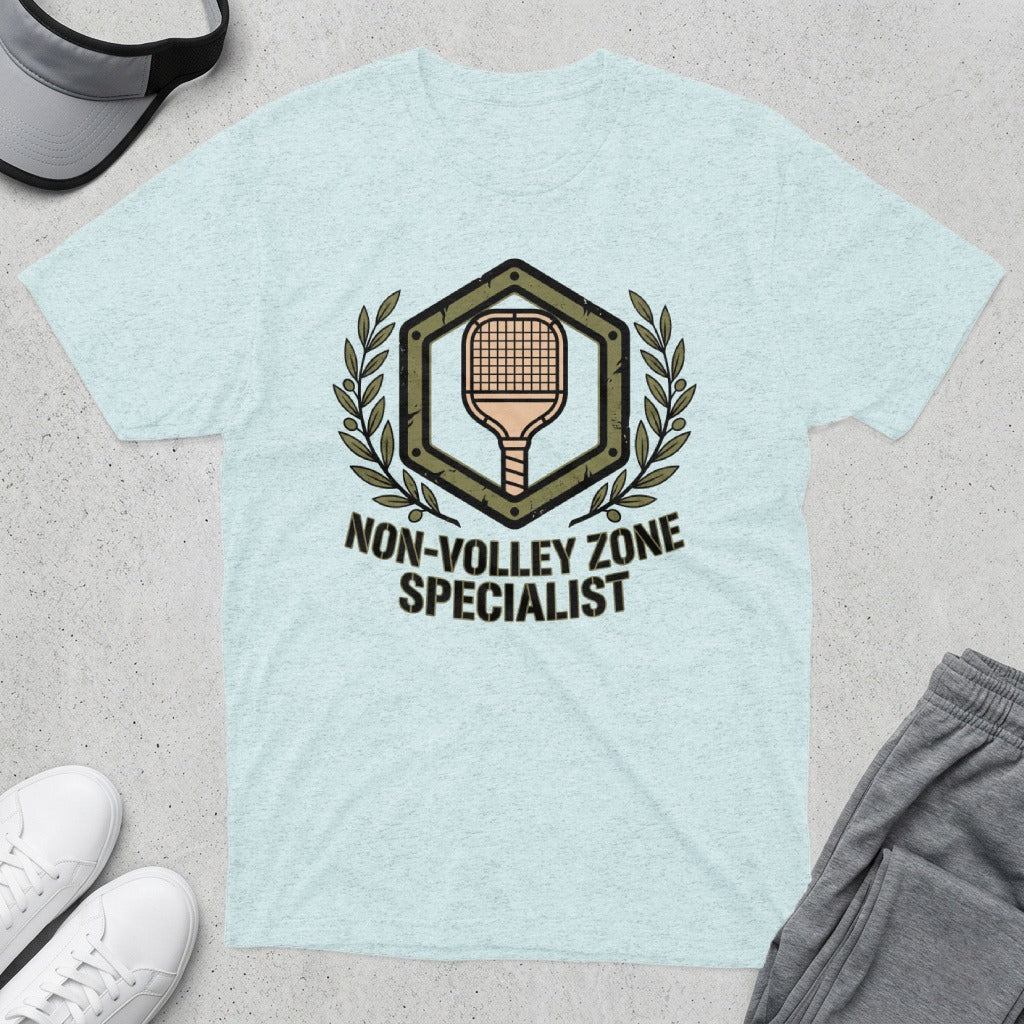 Light blue t-shirt with pickleball graphic and "Non-Volley Zone Specialist" text.