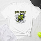 White t-shirt with pickleball paddle and lightning graphic, "Master of Paddles" text.