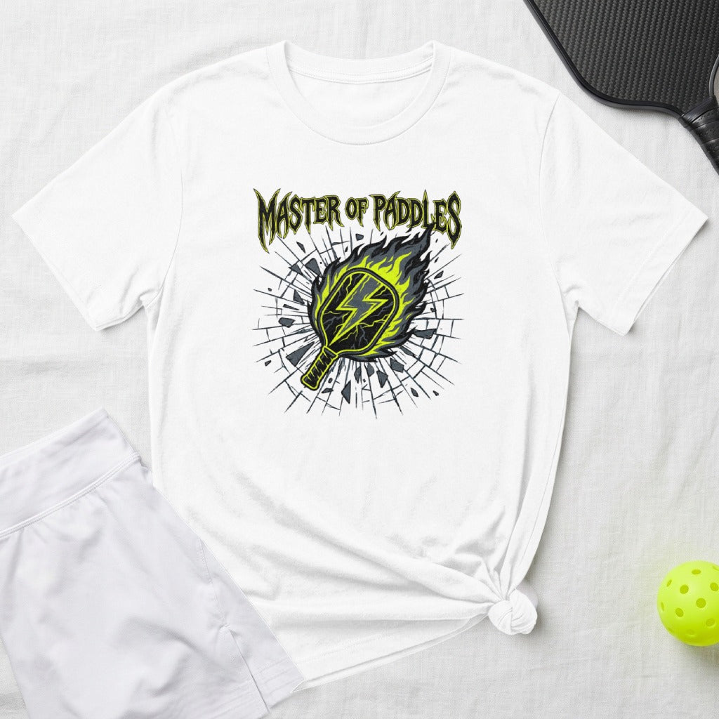 White t-shirt with pickleball paddle and lightning graphic, "Master of Paddles" text.