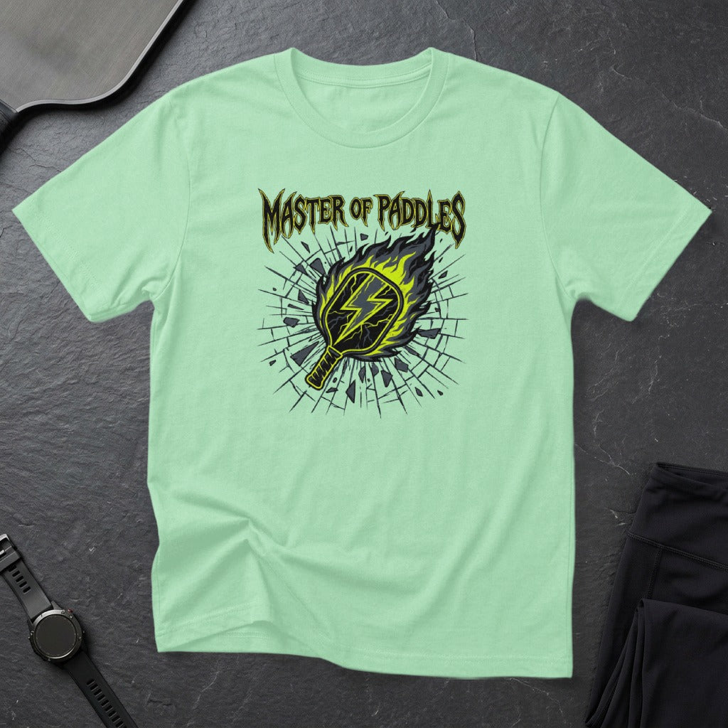 T-shirt with "Master of Paddles" text and a flaming pickleball paddle.