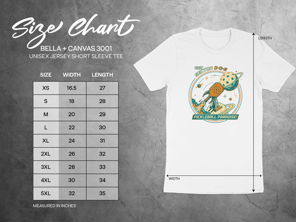 Bella + Canvas 3001 unisex t-shirt size chart with Pickleball Paradise graphic.
