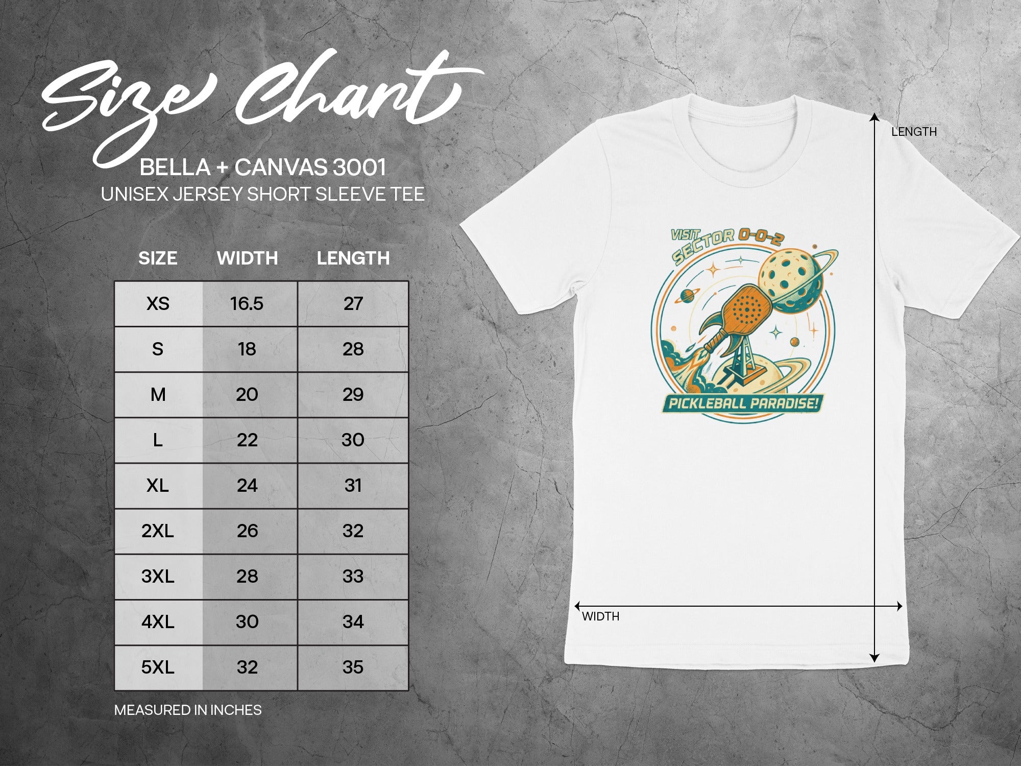 Bella + Canvas 3001 unisex t-shirt size chart with Pickleball Paradise graphic.