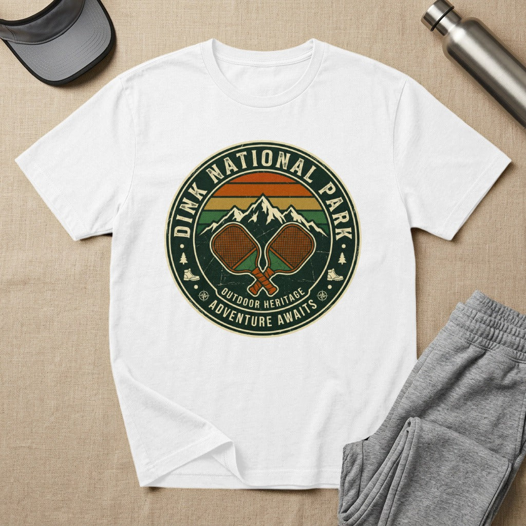 Dink National Park adventure awaits t-shirt with pickleball paddles.