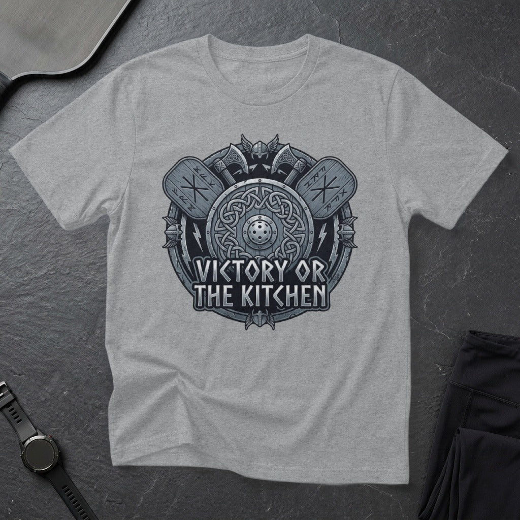 Grey t-shirt with a Viking-inspired circular graphic: "Victory or the Kitchen".