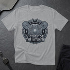 Grey t-shirt with a Viking-inspired circular graphic: "Victory or the Kitchen".