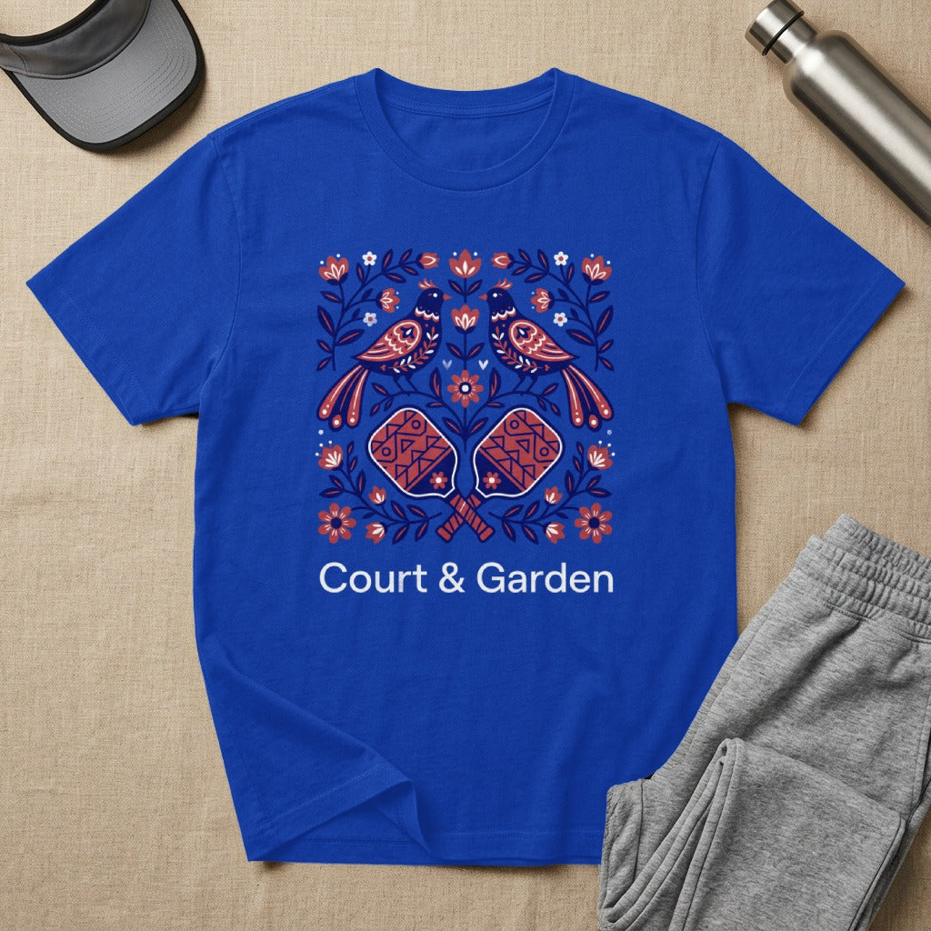 Blue t-shirt with floral and bird design, featuring two pickleball paddles and "Court & Garden" text.