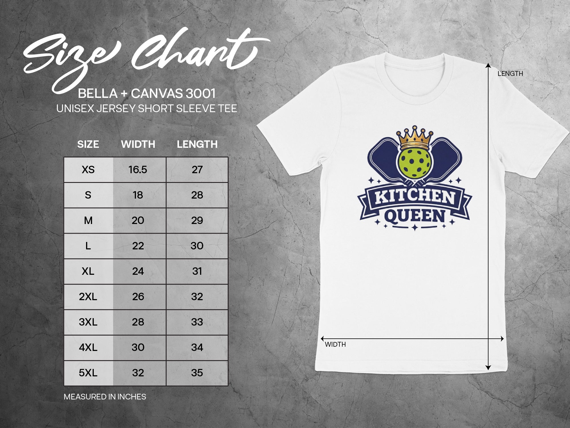 Size chart for Bella + Canvas 3001 unisex t-shirt with "Kitchen Queen" graphic.