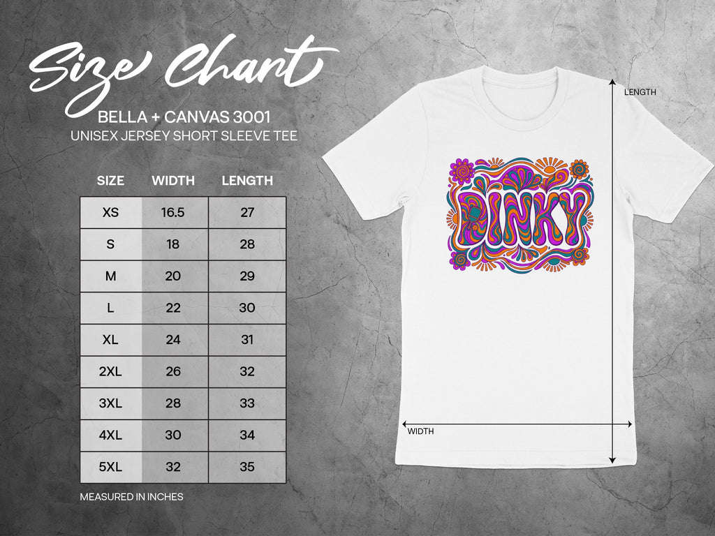 Size chart for BELLA + CANVAS 3001 unisex tee, with sizes, width, and length.