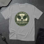 Grey t-shirt with a round "Pickleball Society" logo featuring crossed paddles.