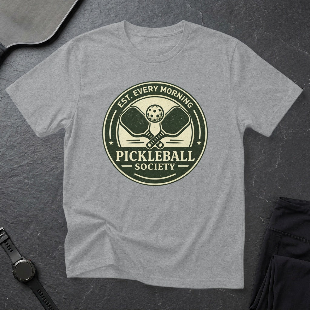 Grey t-shirt with a round "Pickleball Society" logo featuring crossed paddles.