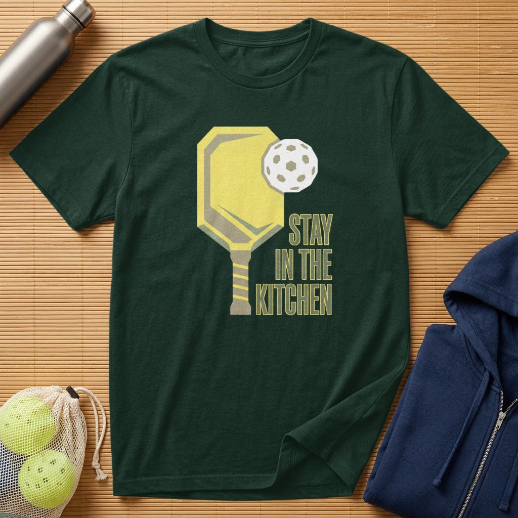 Dark green t-shirt with yellow pickleball paddle, ball, and text.